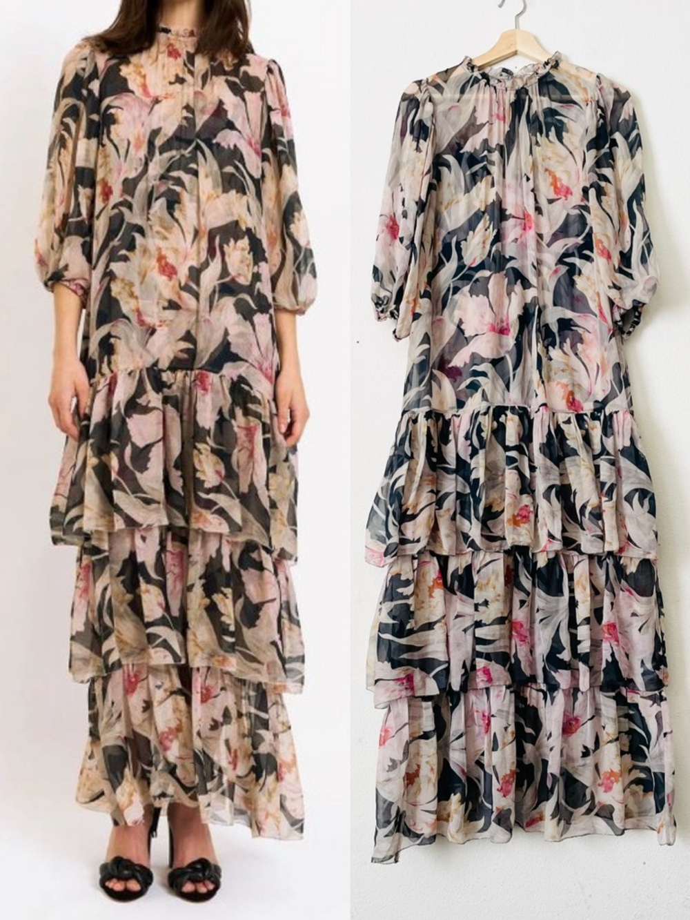 Christy Lynn SMALL Sara 100% silk dark lily floral tiered maxi dress with slip